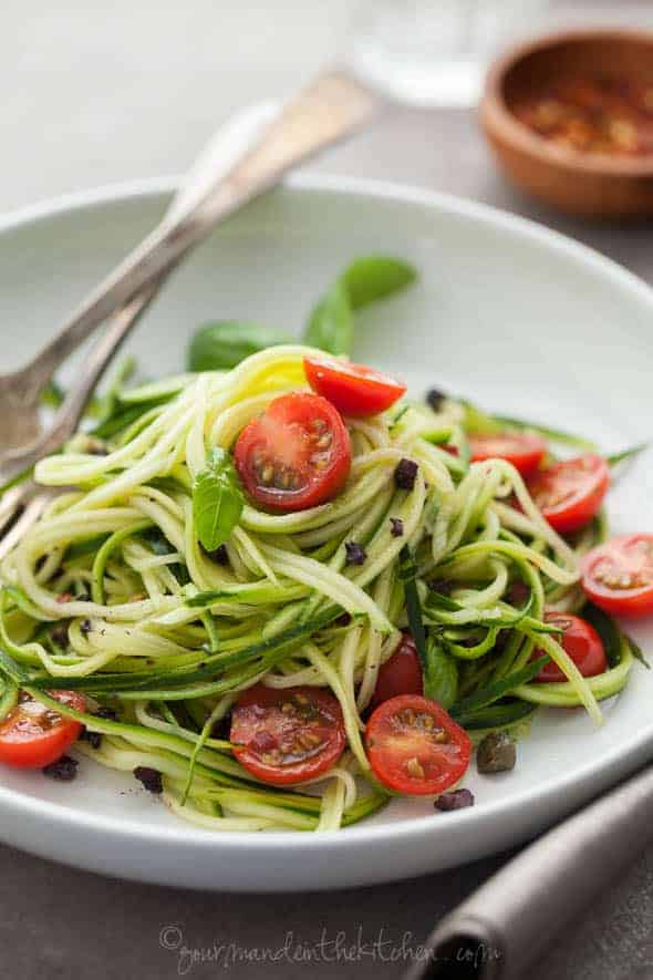 Zucchini Noodles with Caper Olive Sauce and Tomatoes