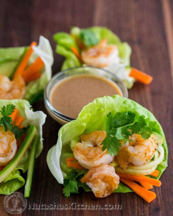 Shrimp Lettuce Wraps with Peanut Dipping Sauce