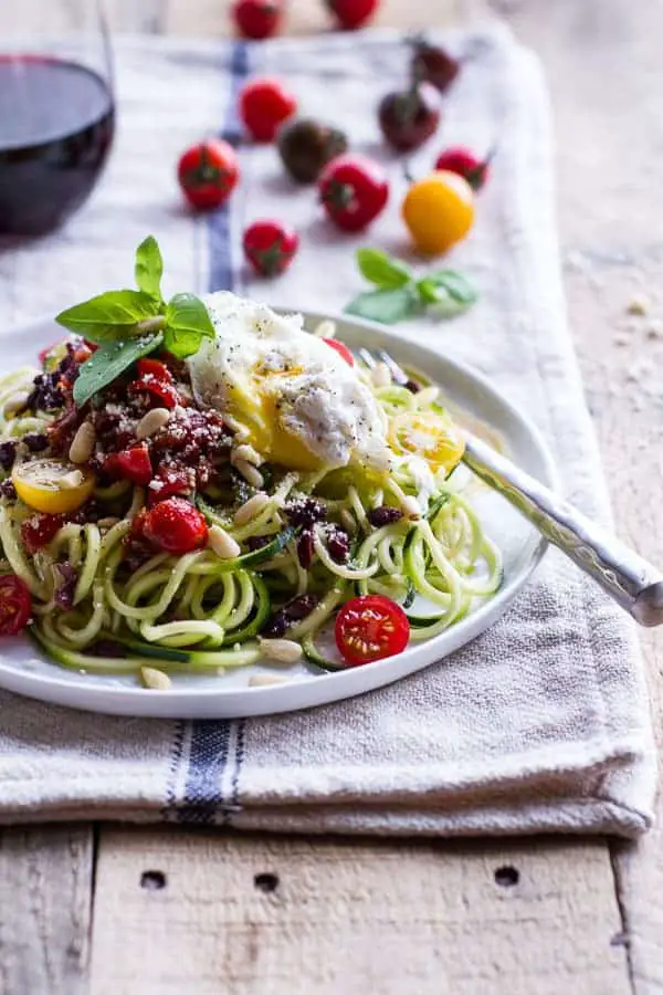 15-Minute Zucchini Pasta with Poached Eggs and Quick Heirloom Cherry Tomato Basil Sauce