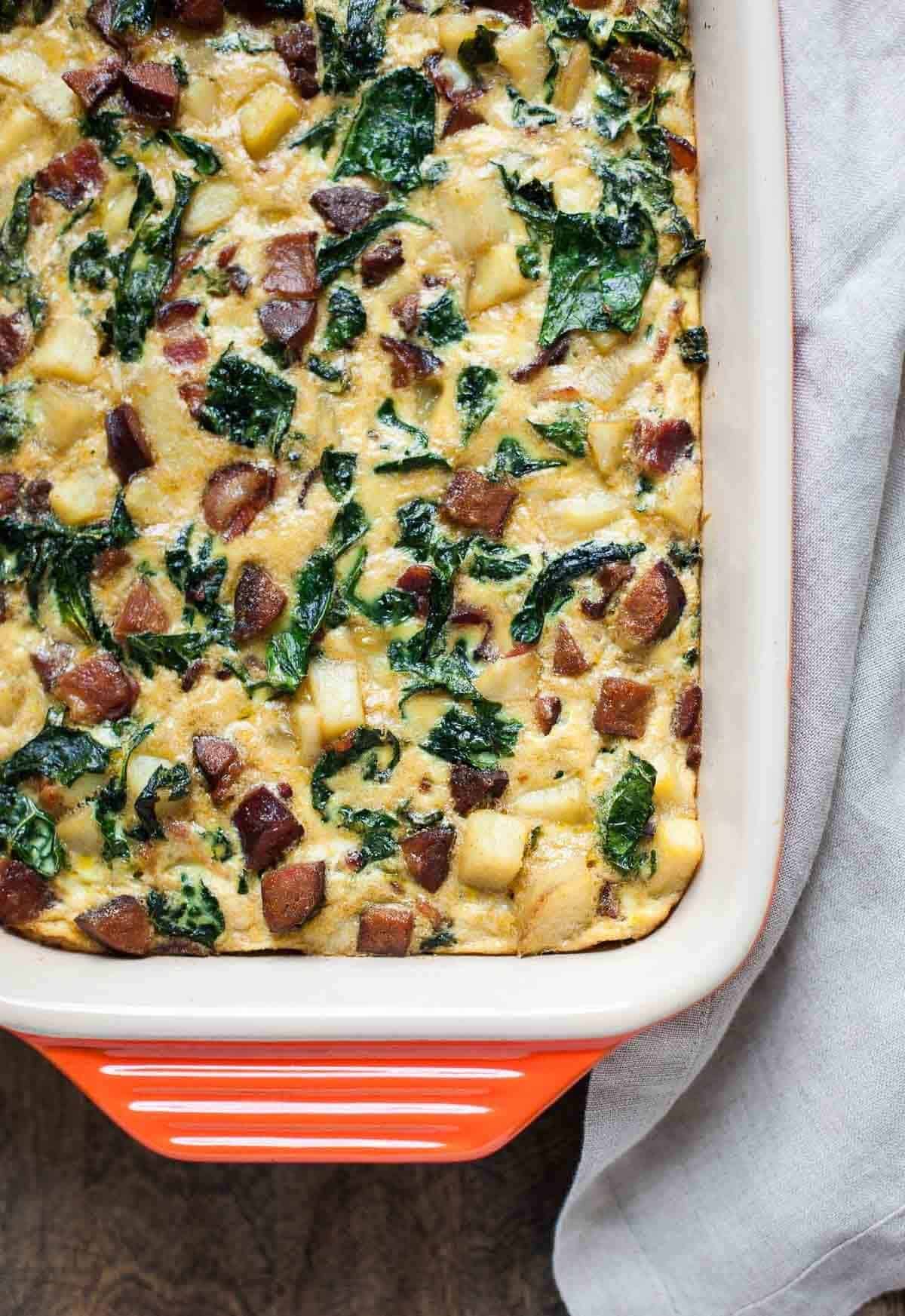 Breakfast Casserole With Bacon, Sausage, Sweet Potato, & Kale