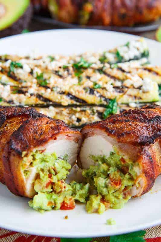 Bacon wrapped guacamole stuffed chicken