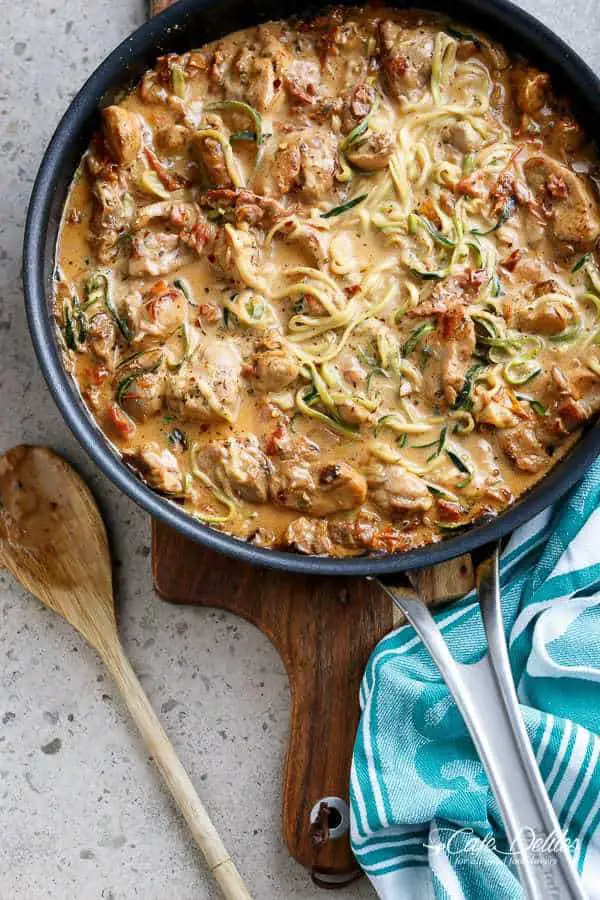 Creamy Sun Dried Tomato + Parmesan Chicken Zoodles