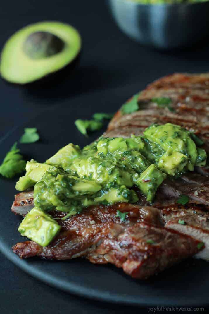 Grilled flank steak with avocado chimichurri