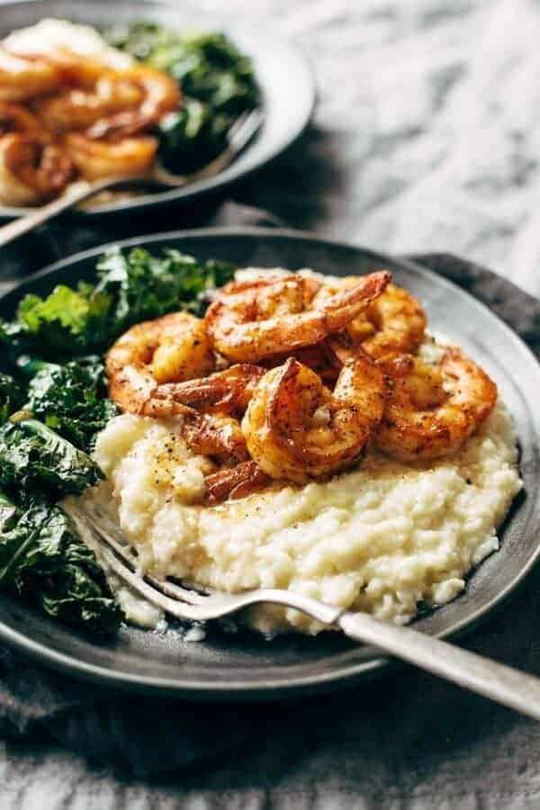 Spicy shrimp with cauliflower mash and garlic kale