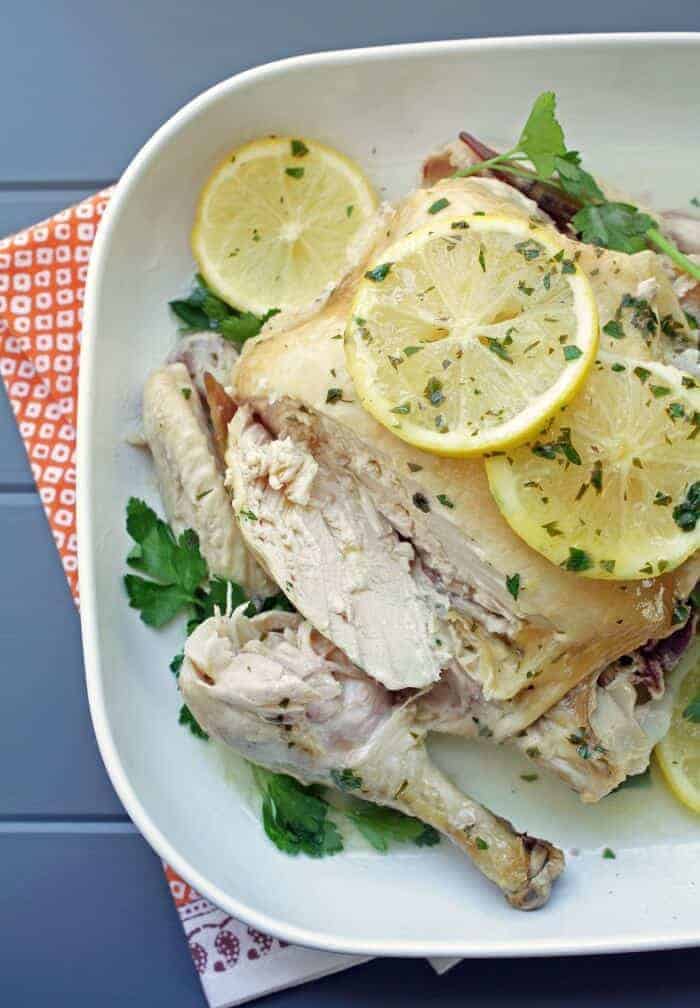 Paleo Easy Crock Pot Roasted Chicken with Lemon Parsley Butter
