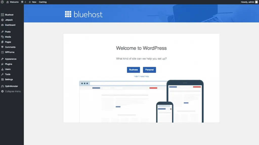 bluehost wordpress dashboard